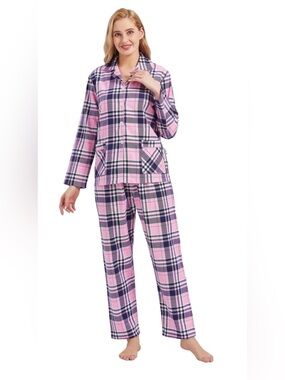 New Global 2XL XXL Pink Plaid Flannel Women's Pajama Set 100% Cotton